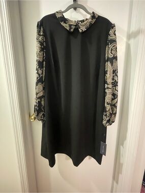 NWT 22W Tommy Hilfiger Black Shift Dress with Paisley Collar and Sleeves